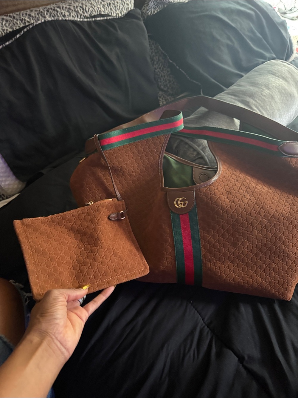 Gucci Brown Suede GG Tote with Signature Green-Red Web - Picture 2 of 3
